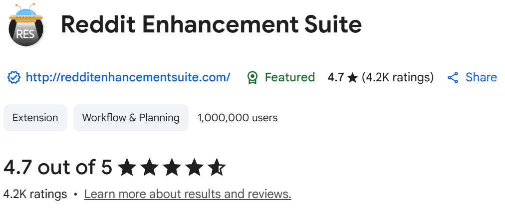 RES extension Chrome web store reviews and ratings page