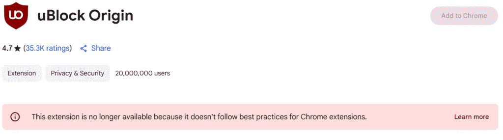 uBlock Origin extension not supported on Chrome